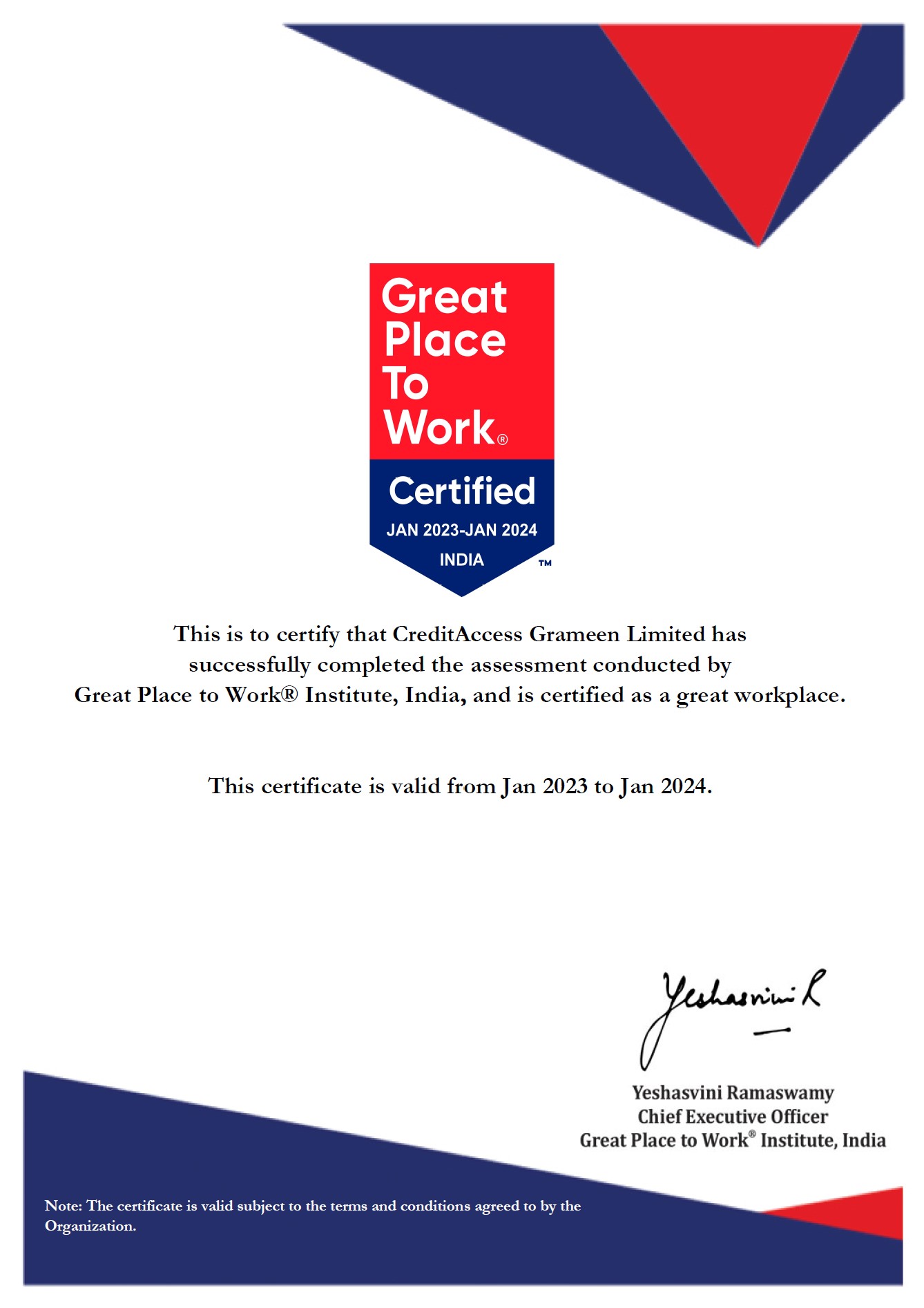 Certification CreditAccess Grameen Limited